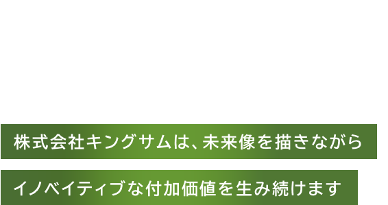 Aiming to be solution company that can contribute to society. 株式会社キングサムは、未来像を描きながらイノベイティブな付加価値を生み続けます